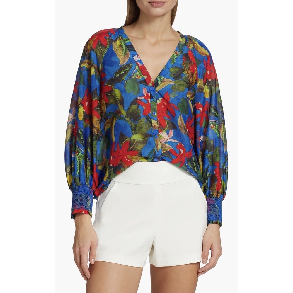 ALICE + OLIVIA Ladies Blue tropical Floral Smocked silk blend Blouse medium - Picture 4 of 13